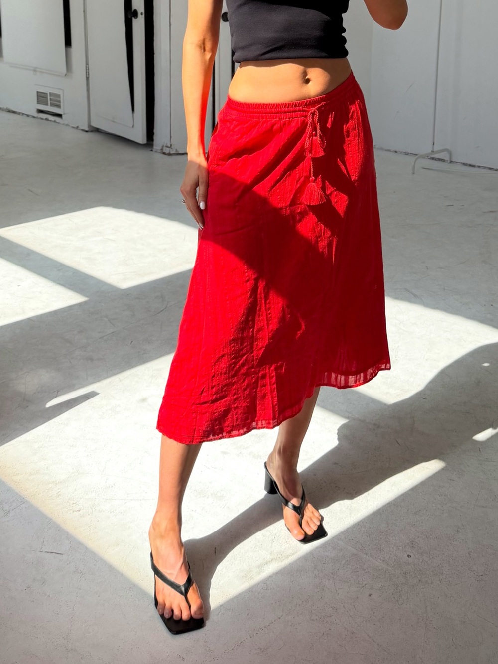 Flowy Red Cotton Midi Skirt